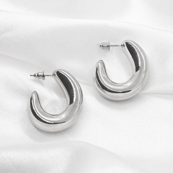 Curved Chunky Silver Hoop Earrings - Picture 1 of 5